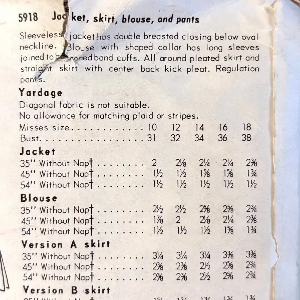 VTG Vogue 5918 Pattern Size 12 Misses Jacket Pleated Skirt Pants Blouse 60s C/C